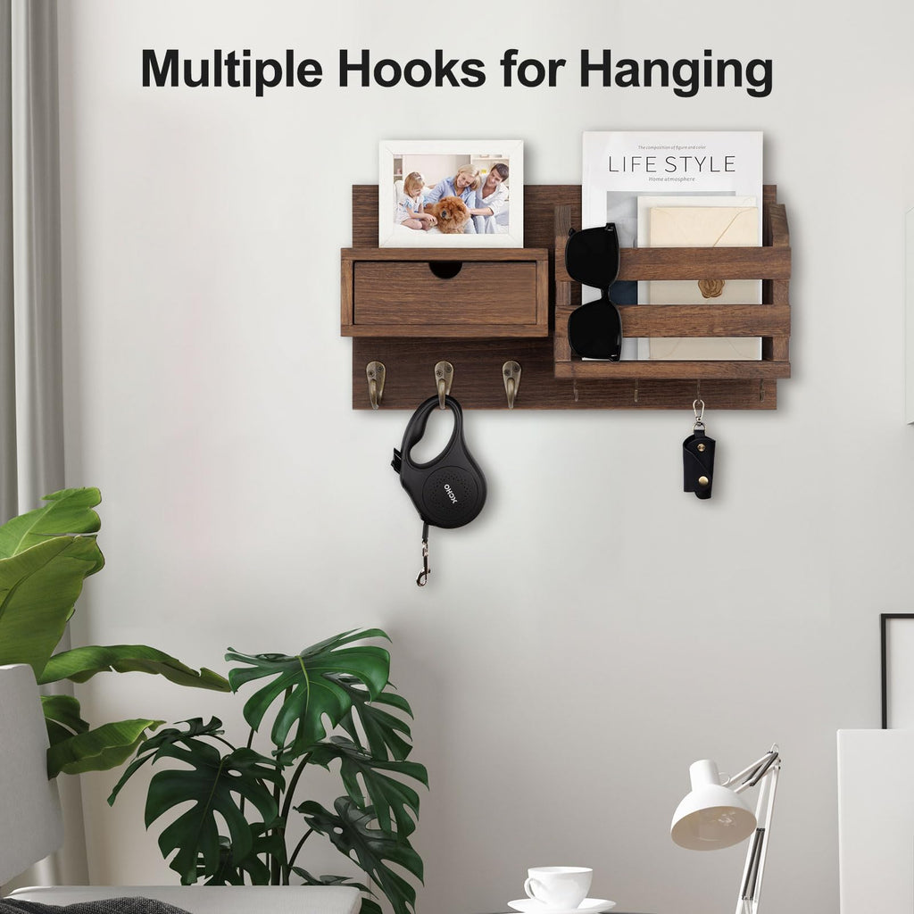 Wall Mount Key Holder with Mail Organizer, 100% Paulownia Wood, 7 Metal Hooks, Storage Drawer, Entryway Home Decor (Brown)