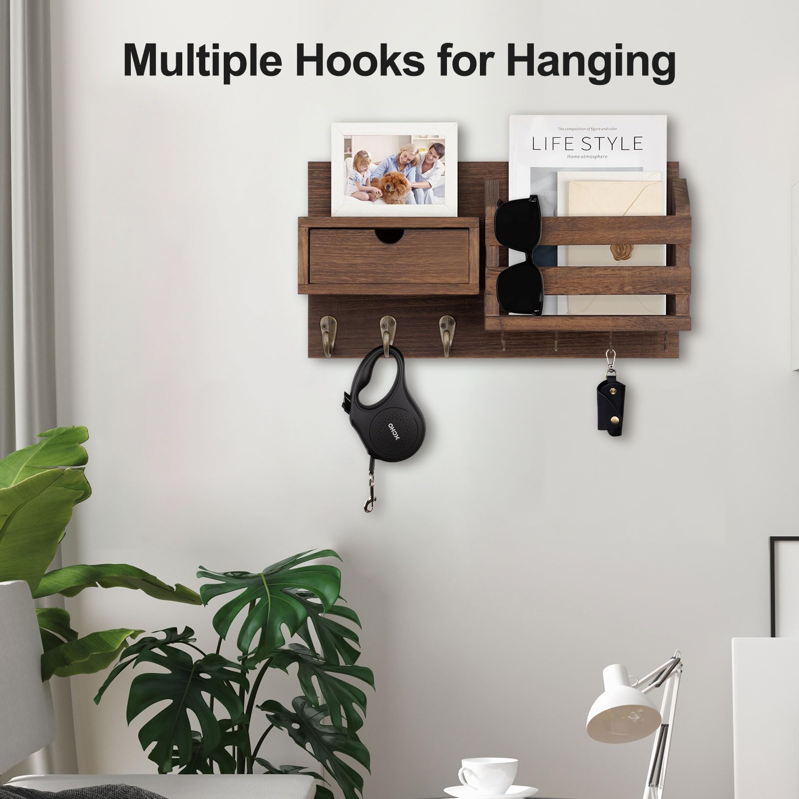 Wall Mount Key Holder with Mail Organizer, 100% Paulownia Wood, 7 Metal Hooks, Storage Drawer, Entryway Home Decor (Brown)