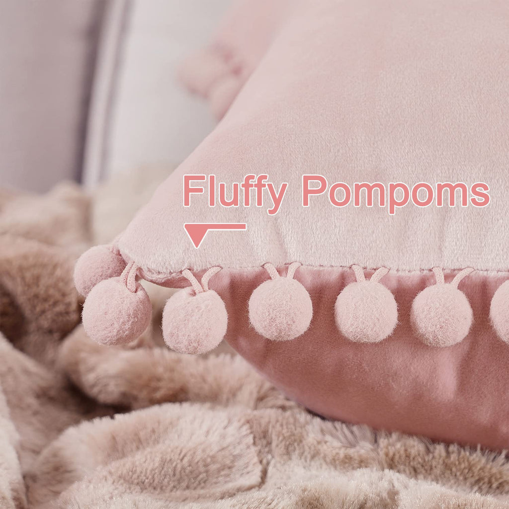Top Finel Blush Pink Throw Pillow Covers 18x18 Inches for Couch Aesthetic Decorative Sofa Pillow Covers Set of 2 Soft Velvet Cushion Cover Pillow Cases with Pom-poms for Bedroom Livingroom Office Car