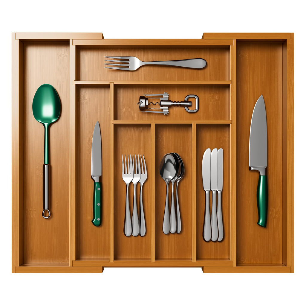 Pipishell Bamboo Expandable Silverware Drawer Organizer, Adjustable Kitchen Utensil Tray for Forks, Spoons and Knives, Wood Storage Cutlery Holder for Bedroom and Living Room
