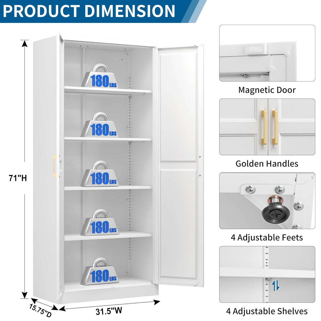 75" Tall Metal Kitchen Storage Cabinet,White Kitchen Pantry Storage Cabinet with Doors and 4 Adjustable Shelves,Utility Cabinet for Living Room,Garage,Dining Room and Office,Assemble Required