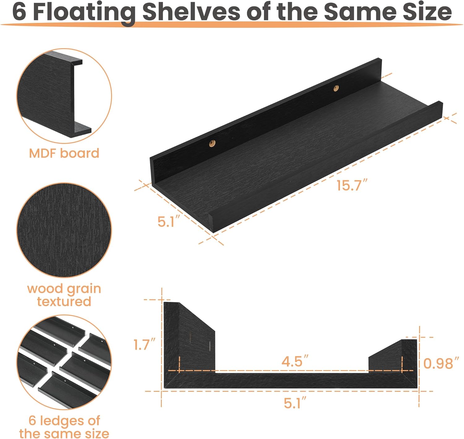 upsimples Floating Shelves for Wall, Wall Shelves for Decor Storage Set of 6, Wall Mounted Wood Shelf for Bedroom, Living Room, Bathroom, Kitchen, Picture Ledge Shelf, Black