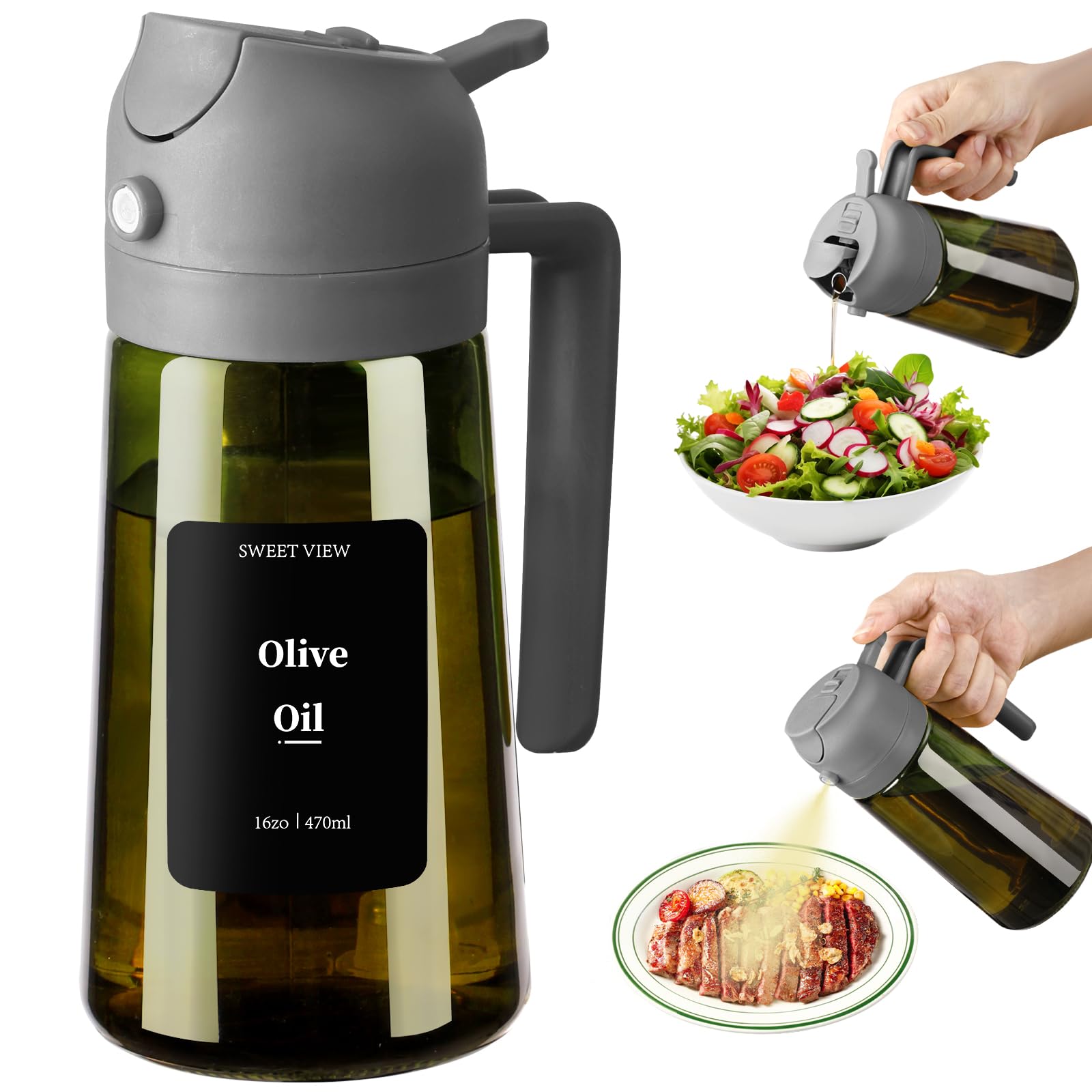 SWEET VIEW Olive Oil Dispenser and Oil Sprayer – 16oz/470ml Glass Light-Proof Oil Pourer for Kitchen, Air Fryer, Cooking, Salad, and BBQ