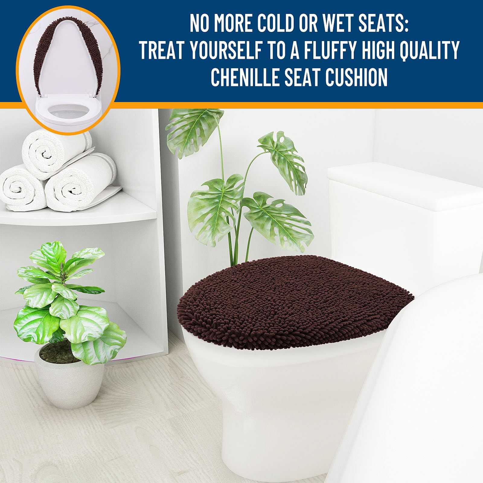 OLANLY Soft Chenille Bathroom Toilet Lid Cover, Machine Washable Seat Covers, 17.5x15, Stays in Place Rubber Backing, Fits Most Round, Elongated and Oblong Lids, Accessories Decor, Gray