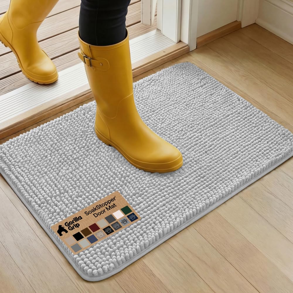 GORILLA GRIP SoakSTOPPER Dog Door Mat, Machine Washable Rug Absorbent Doormat Captures Moisture Mud Dirt, Quick Dry Soft Chenille Entryway Rugs Indoor Entrance Mats for Dog Paws, 24x17 Grey