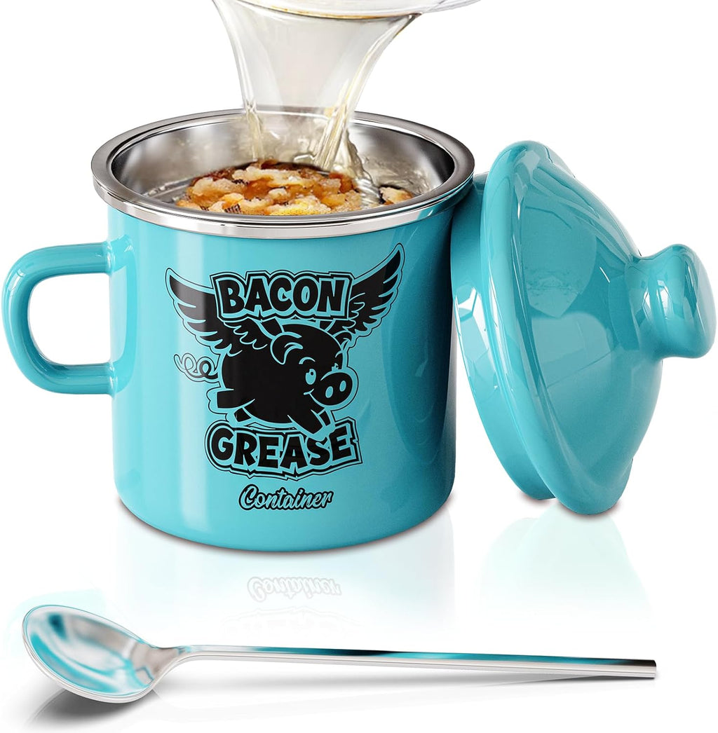 PGYARD Mini Bacon Grease Container With Strainer - 15OZ Farmhouse Enamel Grease Saver, Fat Storage For Kitchen, Dishwasher Safe-Light Blue