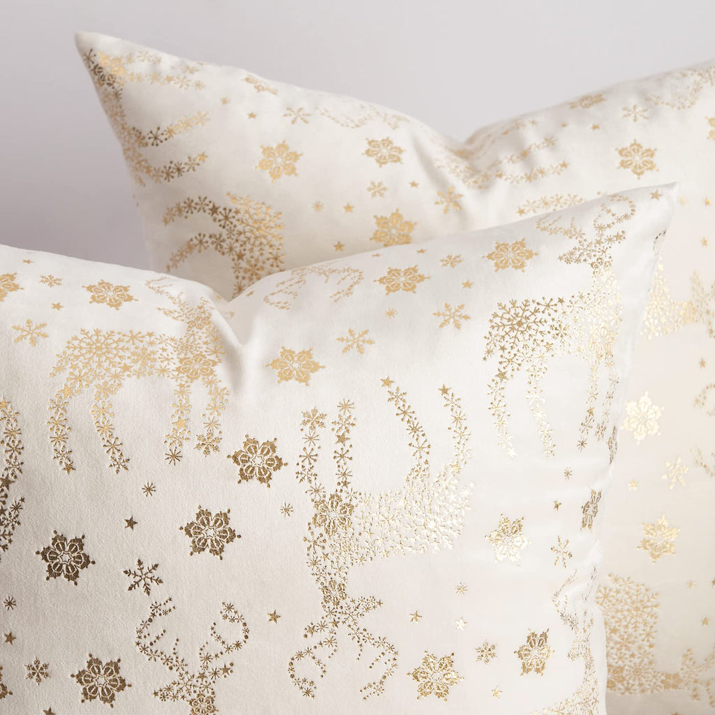 Topfinel Christmas Pillow Covers 18x18 Set of 2,Xmas Cream Velvet Snowflake Reindeer Decorative Pillow Case Winter Holiday Decor for Home Couch,White and Gold