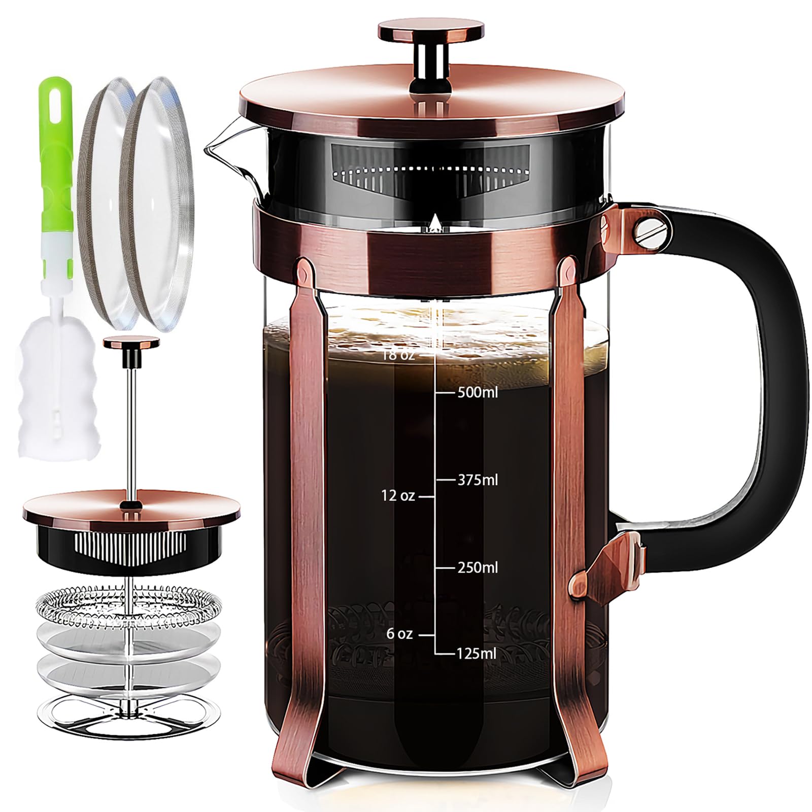 YMMIND French Press Coffee Maker 304 Stainless Steel Coffee Press,with 4 Filters System, Heat Resistant Thickness Borosilicate French Press Glass, BPA-Free Brewed Tea Pot Coffee Plunger(Copper 12oz)