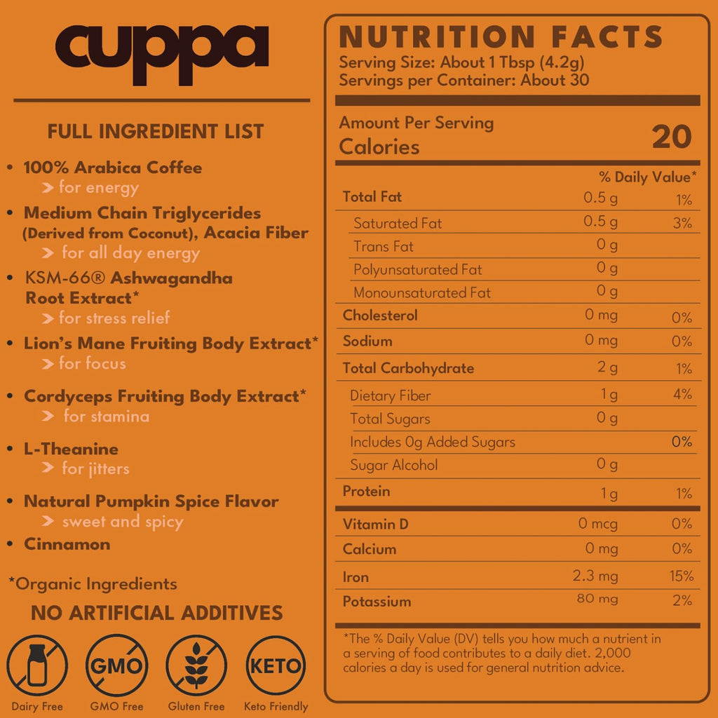 Cuppa Medium Roast Mushroom Coffee with Adaptogens & Superfoods - Lion’s Mane, Ashwagandha & Cordyceps. Adaptogens + MCT to support natural energy, mental focus & gut health (30 Servings)