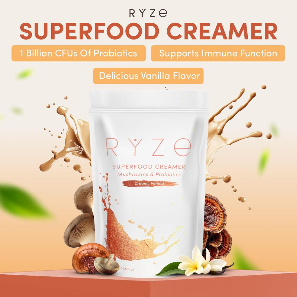 RYZE SUPERFOODS Ultimate Sleep Bundle, Mushroom Hot Cocoa + Probiotic Creamer with Adaptogenic Mushrooms, Melatonin, Probiotics, Glycine and Cacao to Help Fall Asleep and Stay Asleep, 20+30 Servings