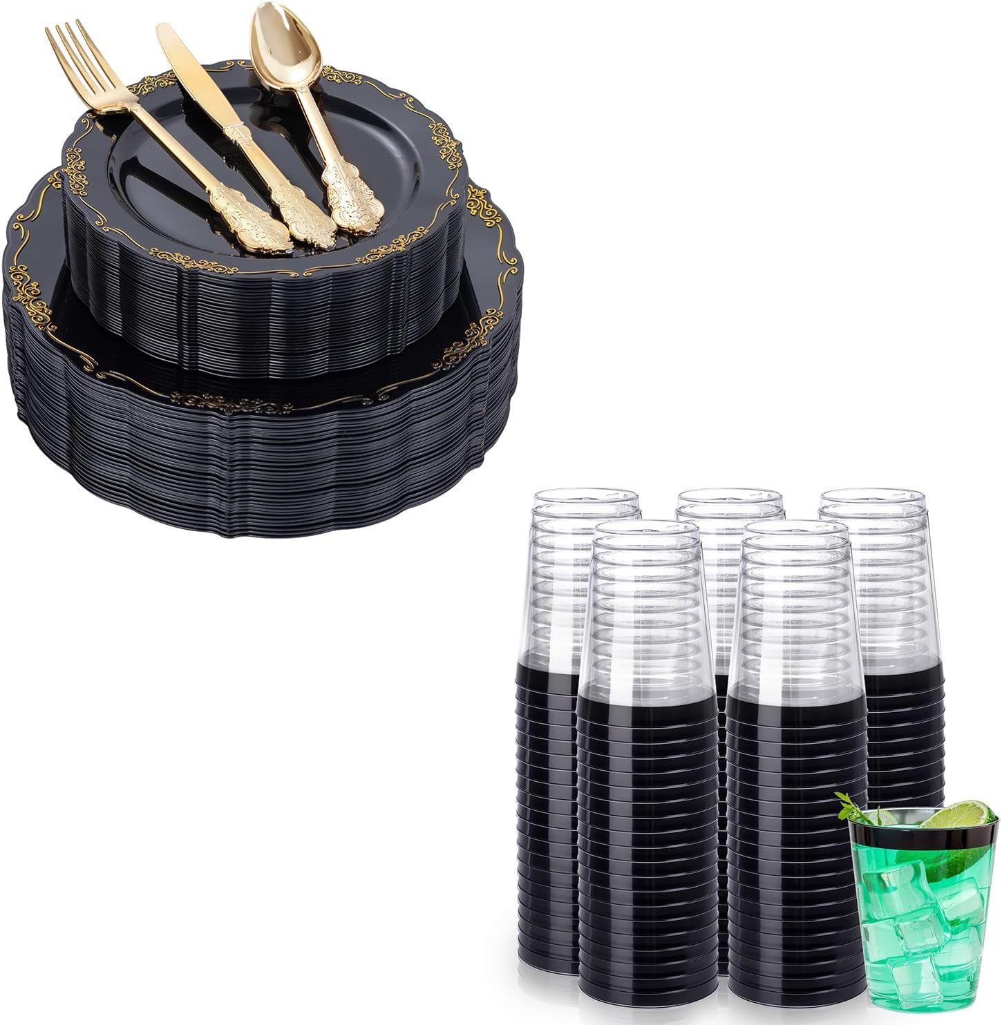 DaYammi 150Pcs Black Gold Plastic Plates & Silverware and 100 Pack Black Plastic Cups 10Oz Clear Disposable Cups with Black Rim for Party,Wedding and special days
