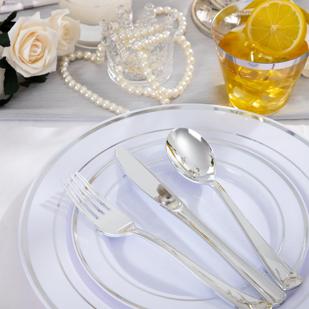 WELLIFE 600 PCS Silver Disposable Dinnerware Set for 100 Guests, Wedding Reception Plates & Silver Plastic Tableware, Dinner & Salad Plates, Cups, Forks, Knives & Spoons for Weddings & Elegant Events