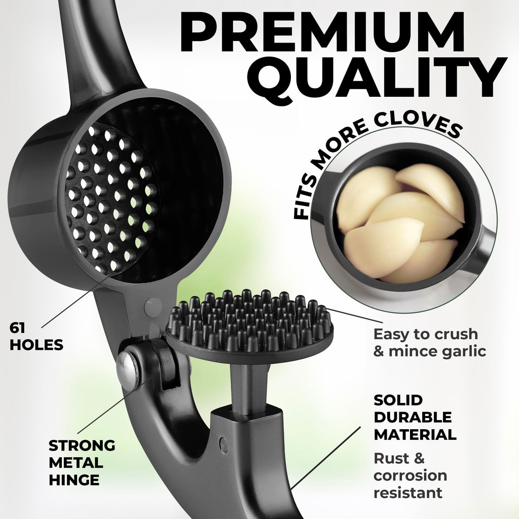 Zulay Kitchen Premium Garlic Press Set - Rust Proof Professional Garlic Mincer Tool - Easy-Squeeze, Easy-Clean with Soft, Ergonomic Handle - Silicone Garlic Peeler & Brush (Silver)
