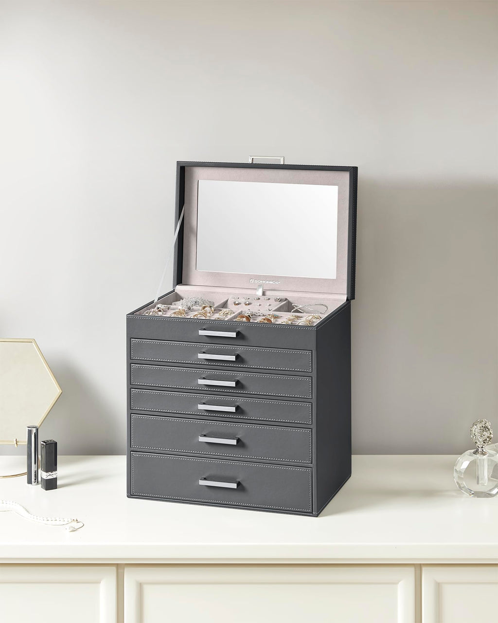 SONGMICS 3-Tier Jewelry Box, Travel Jewelry Case with Handle, 2 Drawers, Lockable Jewelry Organizer with Mirror, Jewelry Storage, Modern Style, Gift for Loved Ones, White UJBC154W01