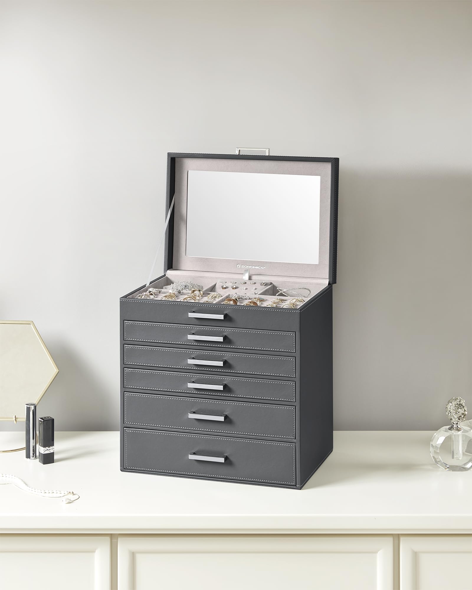 SONGMICS 3-Tier Jewelry Box, Travel Jewelry Case with Handle, 2 Drawers, Lockable Jewelry Organizer with Mirror, Jewelry Storage, Modern Style, Gift for Loved Ones, White UJBC154W01
