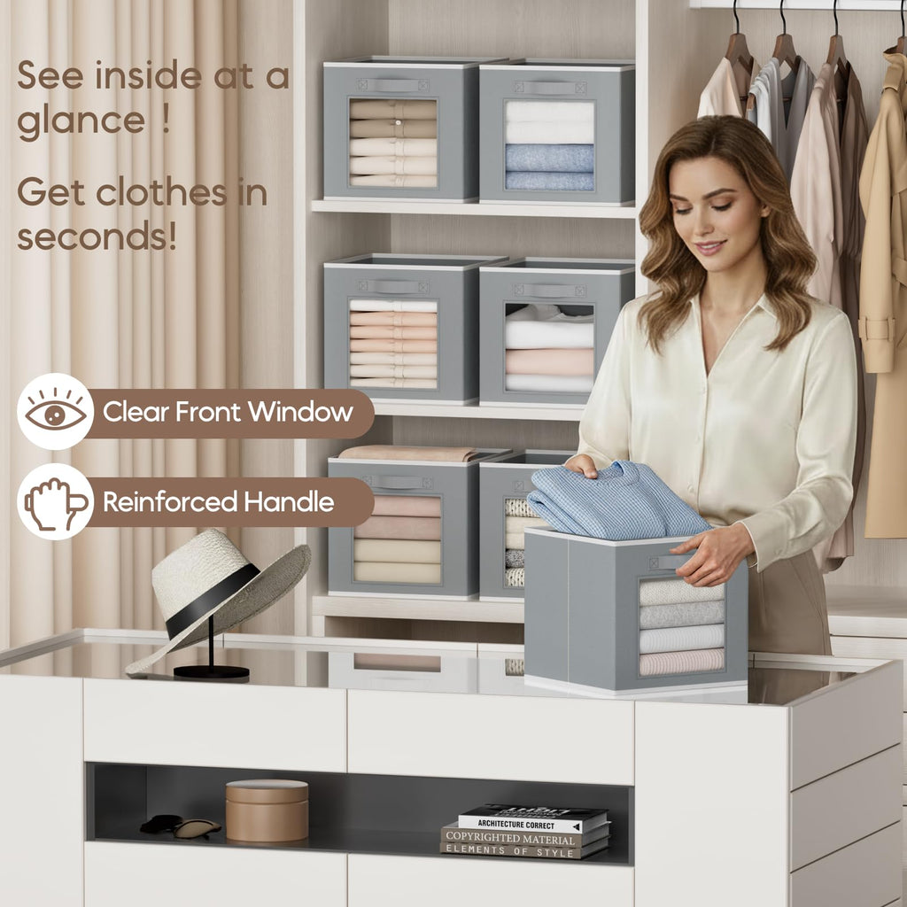 Homsorout Storage Cube 11 Inch - Cube Storage Bins with Window, Closet Storage Baskets with Handle, Fabric Bins for Closet, Shelves, Toys, Clothes, Set of 6, Grey