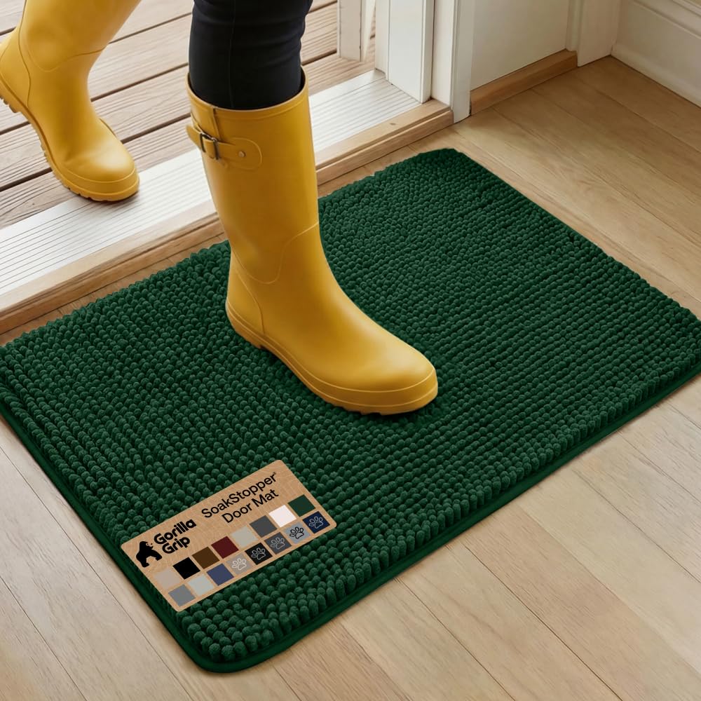GORILLA GRIP SoakSTOPPER Dog Door Mat, Machine Washable Rug Absorbent Doormat Captures Moisture Mud Dirt, Quick Dry Soft Chenille Entryway Rugs Indoor Entrance Mats for Dog Paws, 24x17 Grey
