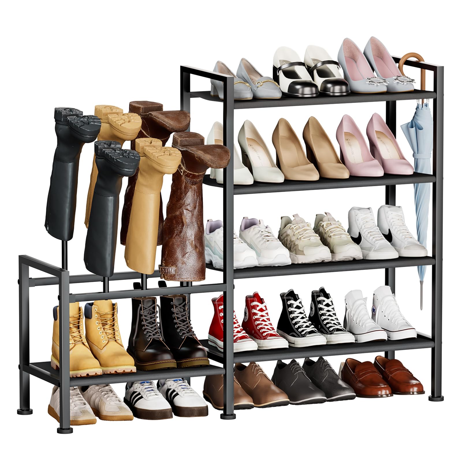 Homsorout Shoe Rack Organizer and Storage - 5 Tier Metal+Non-Woven Fabric Shoe Rack with Boot Storage & Side Any Combination - Space Saving Shoe Shelf for Entryway, Bedroom, Garage, Small Spaces