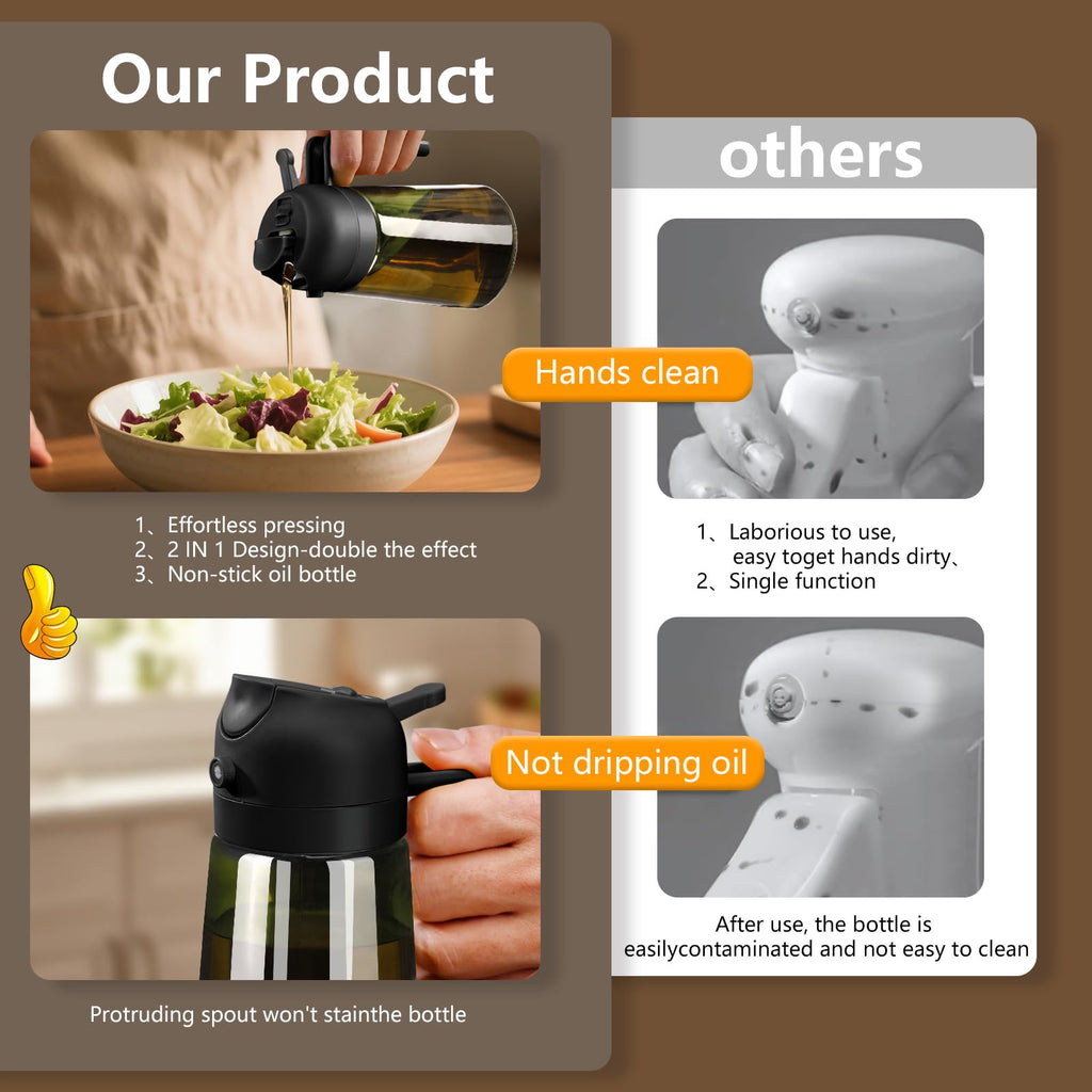 SWEET VIEW Olive Oil Dispenser and Oil Sprayer – 16oz/470ml Glass Light-Proof Oil Pourer for Kitchen, Air Fryer, Cooking, Salad, and BBQ