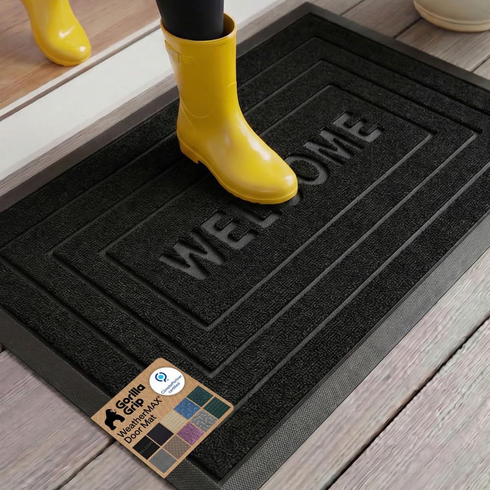 GORILLA GRIP 100% Waterproof All-Season WeatherMAX Doormat US Designed Natural Rubber, Stain Fade Resistant, Low Profile Indoor Outdoor Front Door Mats Outside Entrance, Easy Clean 29x17 Gray Diamond