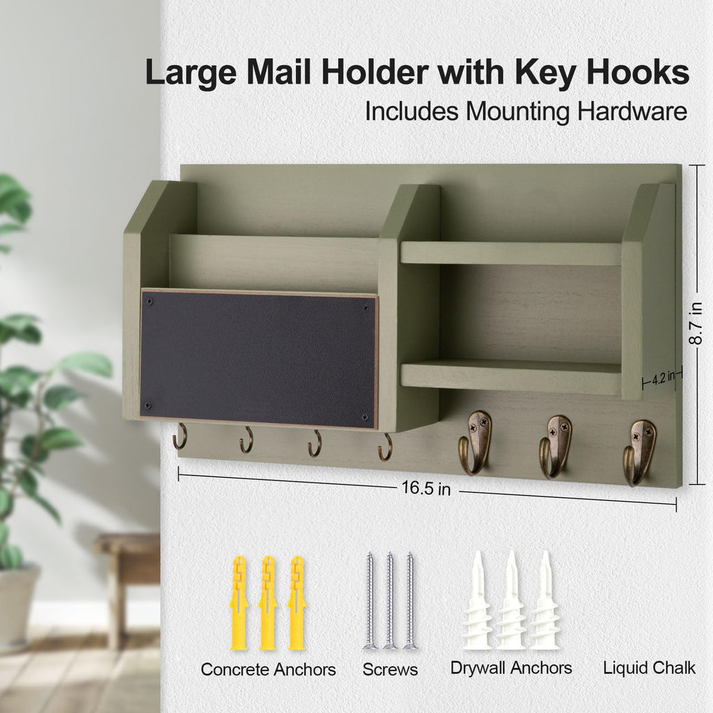 Mail and Key Holder – Wall Mount Key Hanger with Shelf and 7 Metal Hooks – Decorative Natural Paulownia Wood Entryway Organizer with Mounting Hardware (16.5”W x 8.7”H x 3.5”D) (Brown)