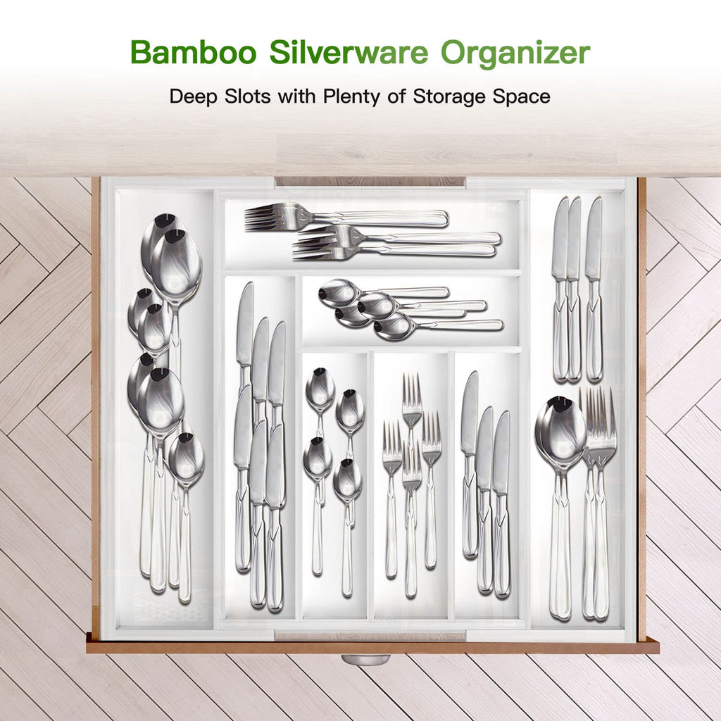 Pipishell Bamboo Expandable Silverware Drawer Organizer, Adjustable Kitchen Utensil Tray for Forks, Spoons and Knives, Wood Storage Cutlery Holder for Bedroom and Living Room