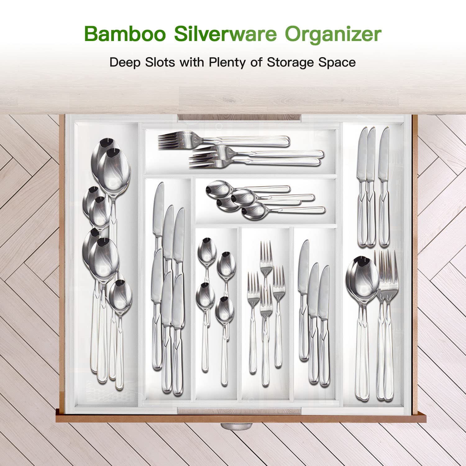 Pipishell Bamboo Expandable Silverware Drawer Organizer, Adjustable Kitchen Utensil Tray for Forks, Spoons and Knives, Wood Storage Cutlery Holder for Bedroom and Living Room
