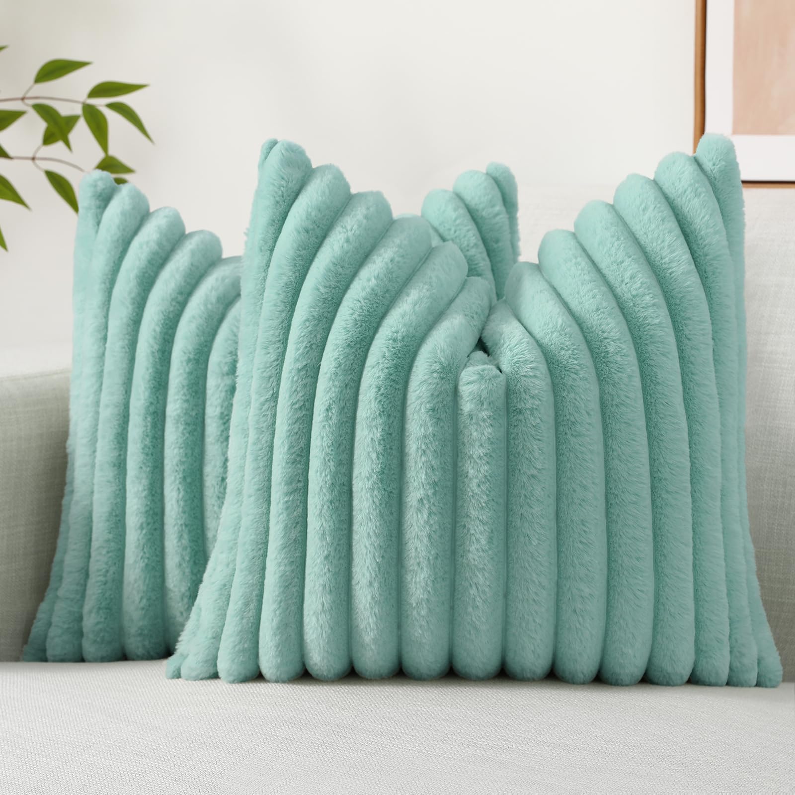 decorUhome Cozy Faux Fur Spring Throw Pillow Covers 18x18 Set of 2 Decorative Soft Plush Striped Modern Farmhouse Boho Couch Pillow Cases with Velvet Back for Sofa Bed Living Room, Cream White