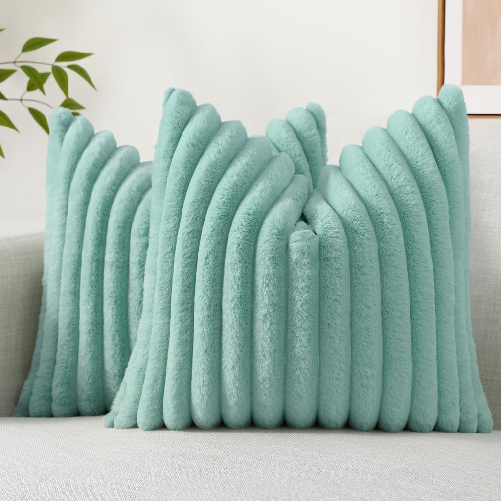 decorUhome Cozy Faux Fur Spring Throw Pillow Covers 18x18 Set of 2 Decorative Soft Plush Striped Modern Farmhouse Boho Couch Pillow Cases with Velvet Back for Sofa Bed Living Room, Cream White