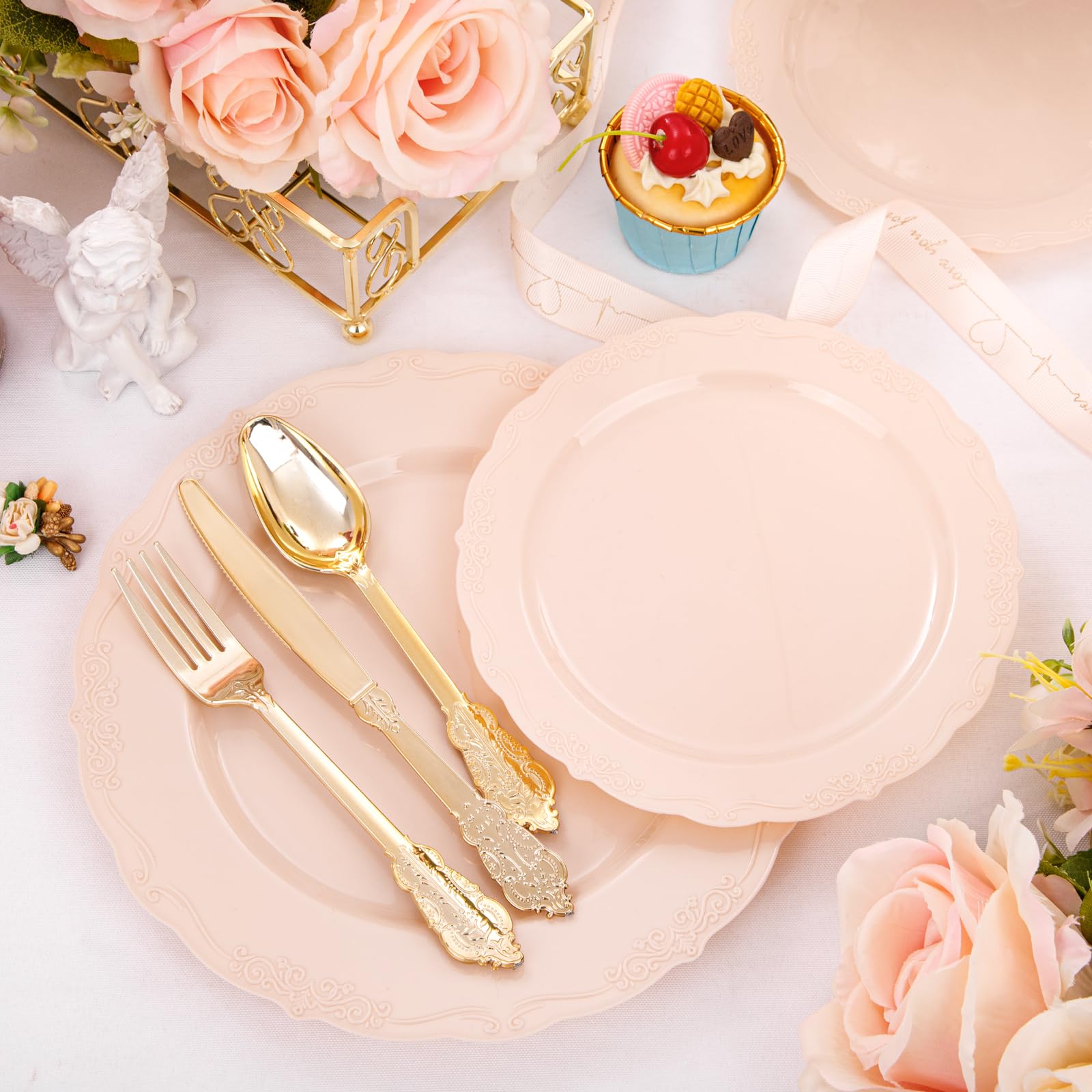DaYammi 150Pcs Ivory Plastic Plates with Gold Rim,Disposable Plastic Plates Include 30 Dinner Plate,30 Salad Plate,30 Forks,30 Spoons,30 Knives,Ivory and Gold Plates for Party,Wedding,Mother's Day
