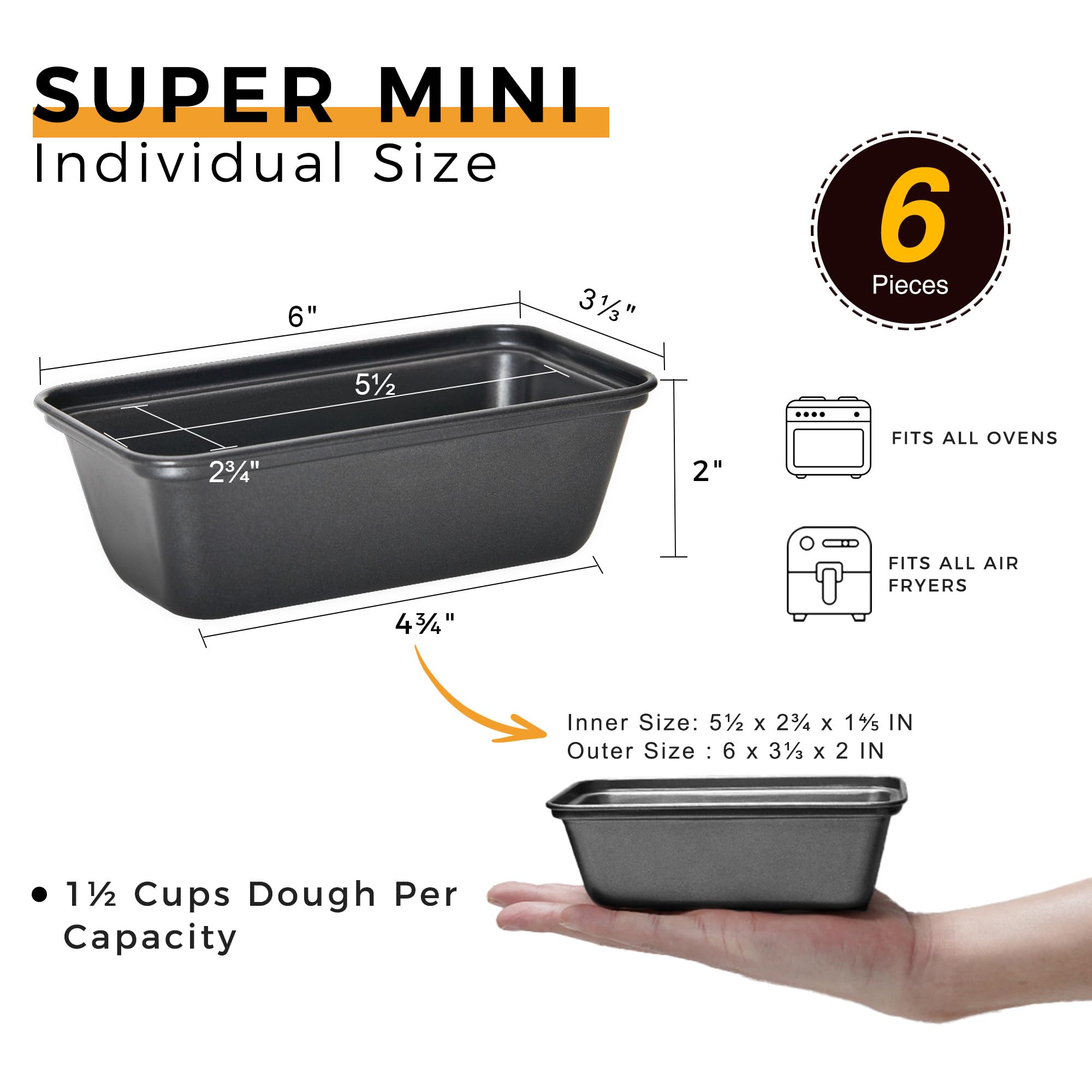 HONGBAKE Mini Loaf Pan for Baking Bread, 6 x 3.3 x 2 In Nonstick Small Banana Bread Tins Set of 3, Tiny Carbon Steel Meatloaf Pan - Dark Grey