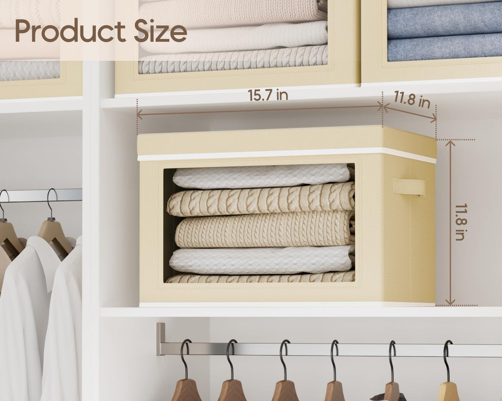 Homsorout Collapsible Storage Bins with Lids - Stackable Storage Containers with Window, 6 Pack Fabric Organizing Bins for Closet, Home & Office Organization Baskets, Beige, 14.9" x 9.8" x 9.8"