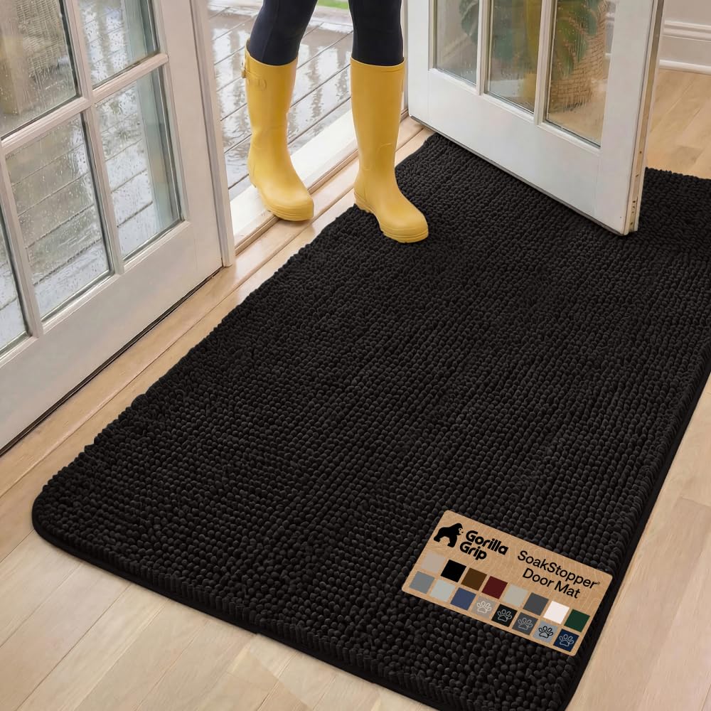 GORILLA GRIP SoakSTOPPER Dog Door Mat, Machine Washable Rug Absorbent Doormat Captures Moisture Mud Dirt, Quick Dry Soft Chenille Entryway Rugs Indoor Entrance Mats for Dog Paws, 24x17 Grey