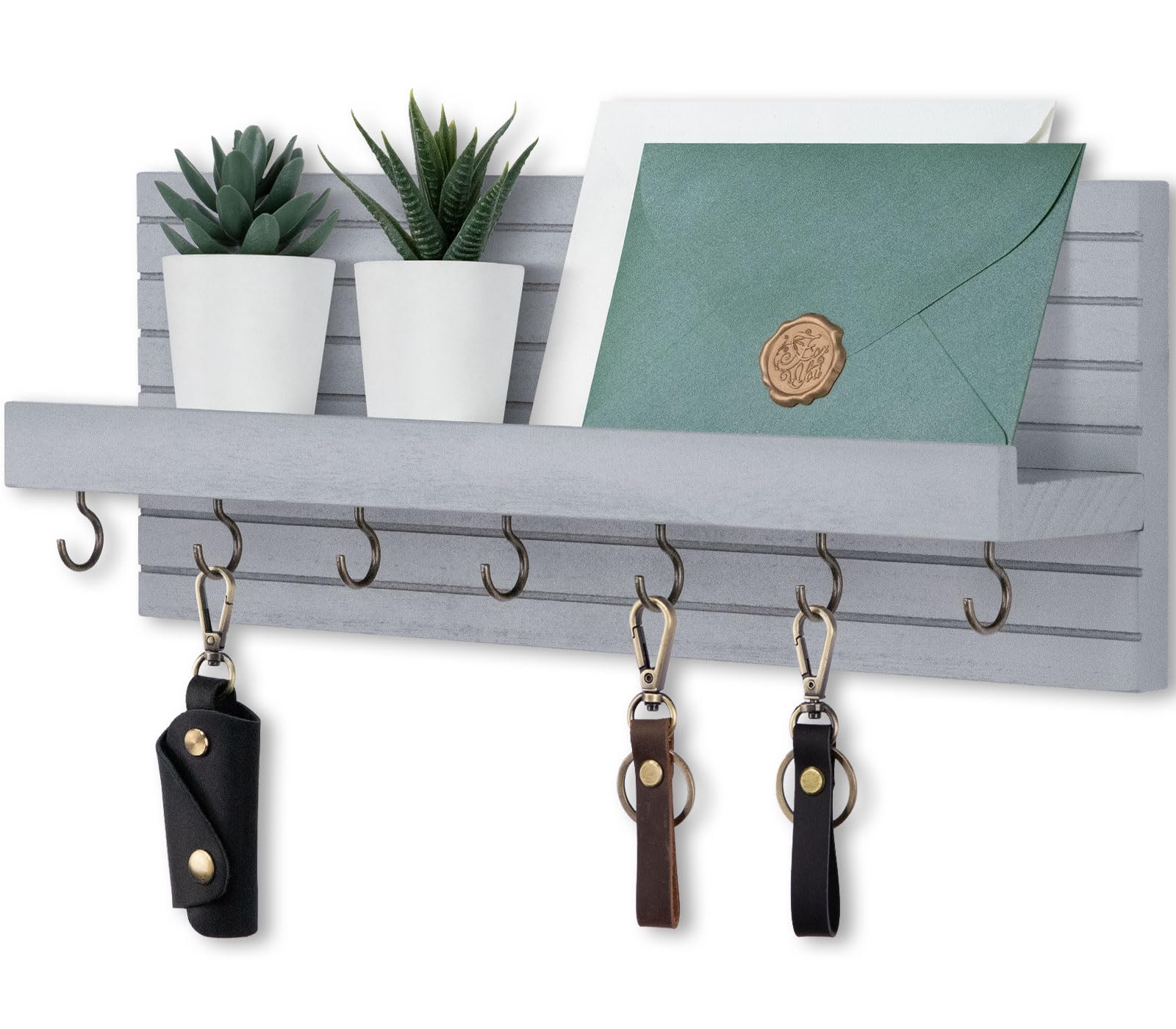 Decorative Key Holder for Wall with Shelf, Entryway Shelf with Hooks Holds Leashes, Jackets and Glasses – Sturdy Wood Keyholder Entrance Hanger with Mounting Hardware (Black, Medium)