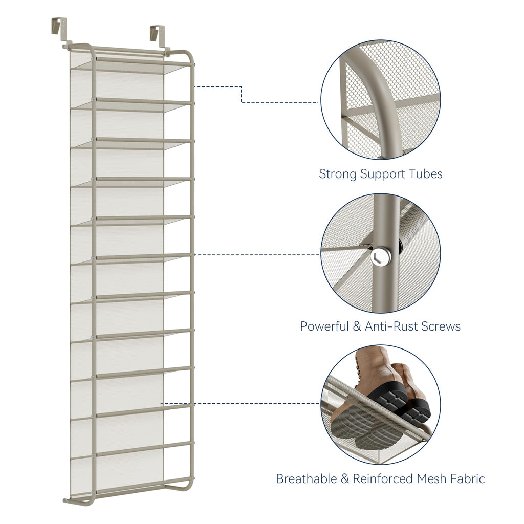 Whitmor 36 Pair Over the Door Shoe Organizer, 12 Tier Hanging Shoe Organizer, Heavy Duty Metal & Mesh Shoe Holder, Hanging Shoe Rack for Closet Organizer & Storage, 74"L x 21.7"W x 7.5"H, White