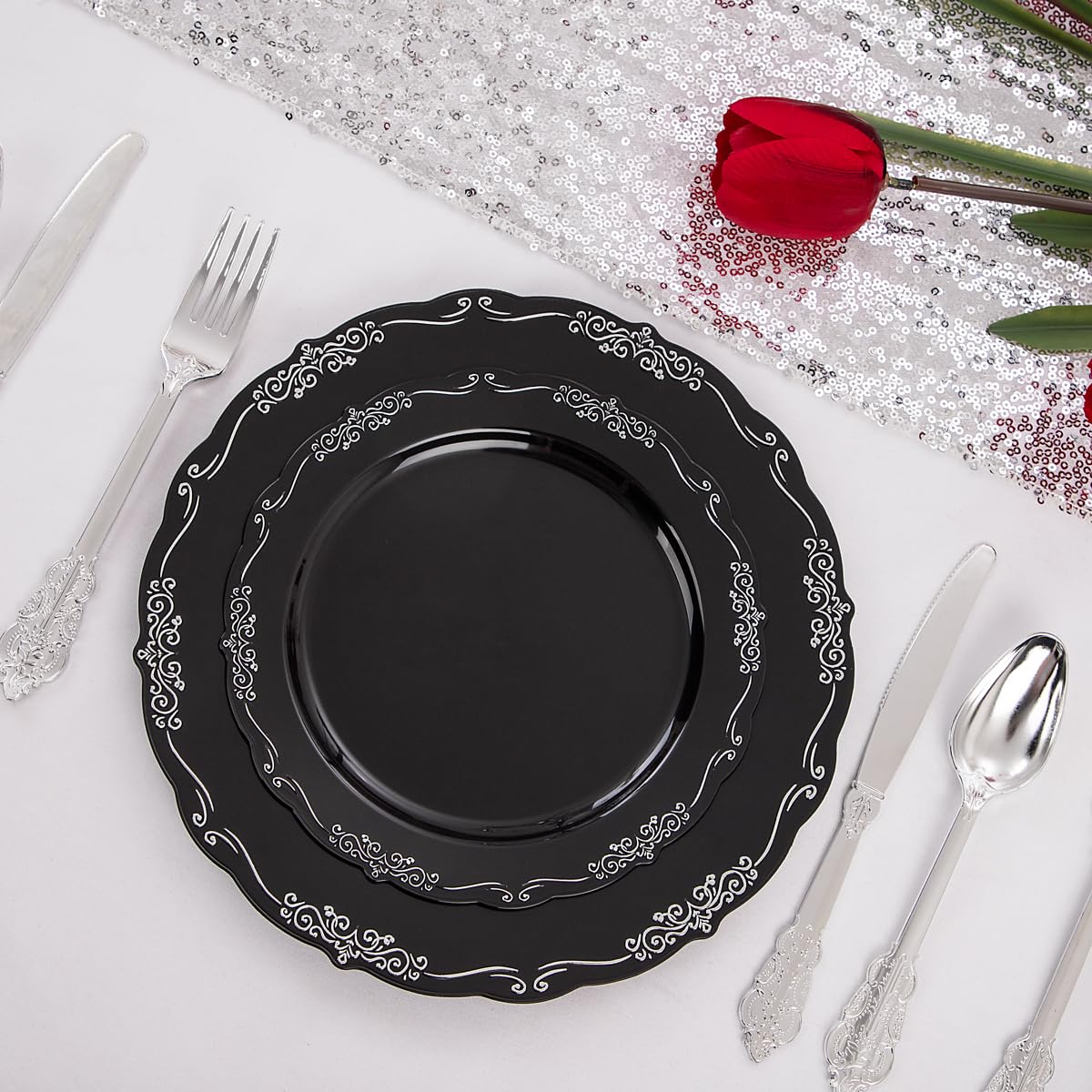 DaYammi 150Pcs Ivory Plastic Plates with Gold Rim,Disposable Plastic Plates Include 30 Dinner Plate,30 Salad Plate,30 Forks,30 Spoons,30 Knives,Ivory and Gold Plates for Party,Wedding,Mother's Day