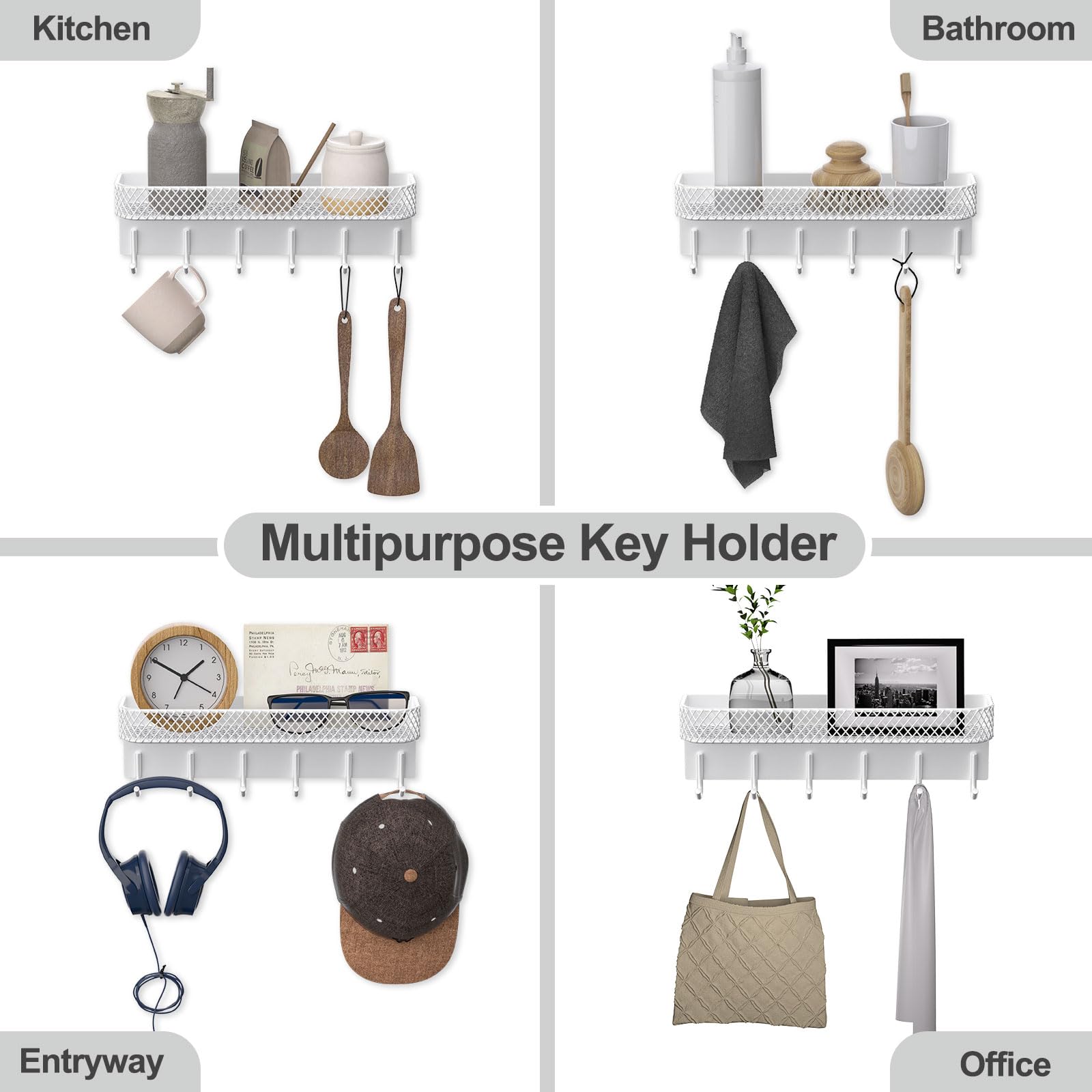 Key Holder for Wall – Decorative Stainless Steel Key Hanger with 6 Hooks for Hats, Bags, Leashes – Mail Holder Key Rack with Mounting Hardware and Guide (9.65” x 2.8” x 2.2”) (Black)