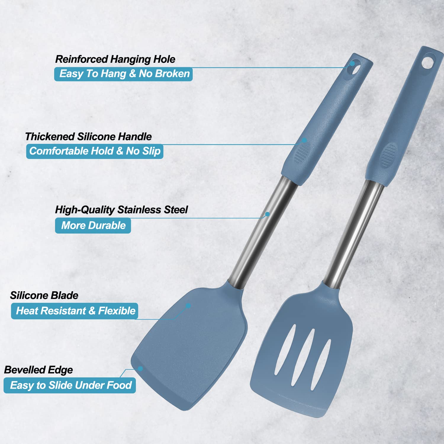 2 Pack Spatulas, Solid & Slotted Silicone Spatula Set, Stainless Steel Handle Coated with Silicone, Non Stick Turners, Heat Resistant Rubber Spatulas for Fish, Eggs, Pancakes, WOK, Black