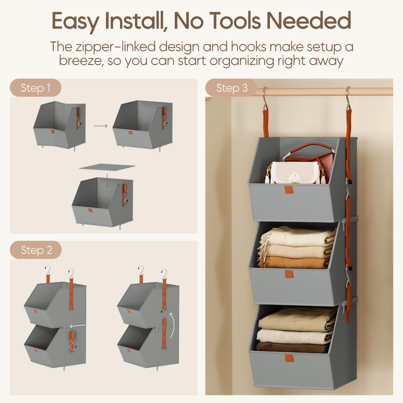 Homsorout Hanging Closet Organizer 4 Tier - Clothes Hanging Shelves, Space-Saving Closet System, Fabric Storage Bins Bedroom Organization, Collapsible Baskets for Home, Dorm, Rv, Beige