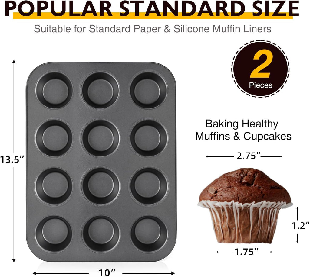 HONGBAKE Muffin Pan for Baking, Nonstick Cupcake Tin 12 Cup, 4 Pack Cup Cake Tray, Premium Cheesecake Pans, Dishwasher Safe - Dark Grey