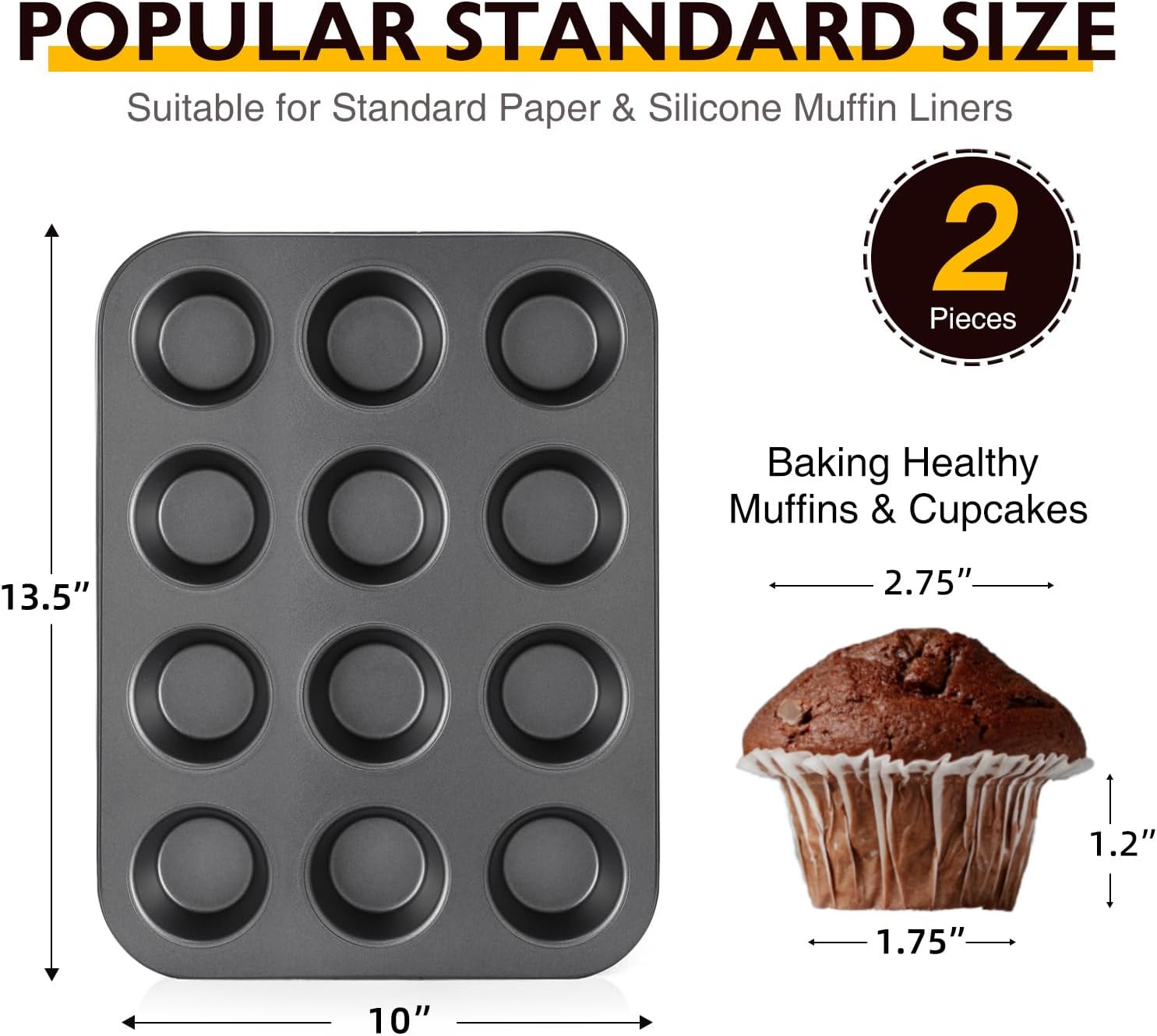 HONGBAKE Muffin Pan for Baking, Nonstick Cupcake Tin 12 Cup, 4 Pack Cup Cake Tray, Premium Cheesecake Pans, Dishwasher Safe - Dark Grey