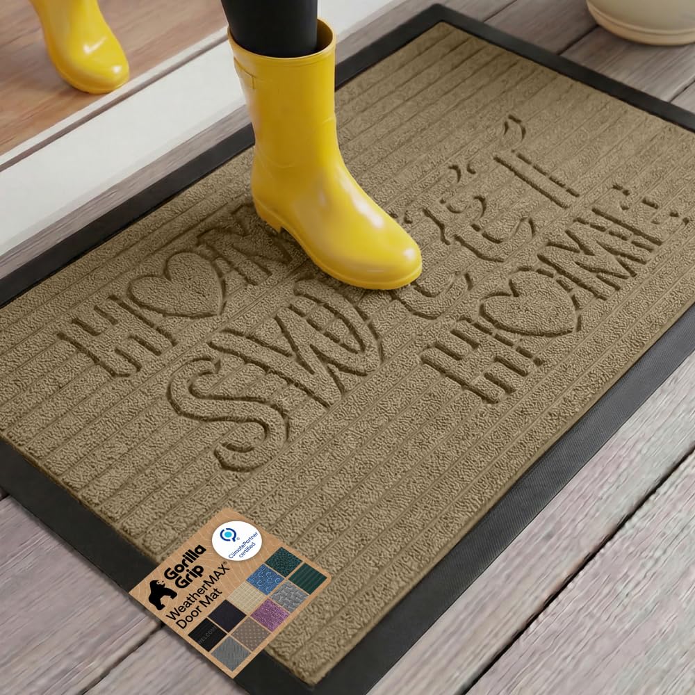 GORILLA GRIP 100% Waterproof All-Season WeatherMAX Doormat US Designed Natural Rubber, Stain Fade Resistant, Low Profile Indoor Outdoor Front Door Mats Outside Entrance, Easy Clean 29x17 Gray Diamond