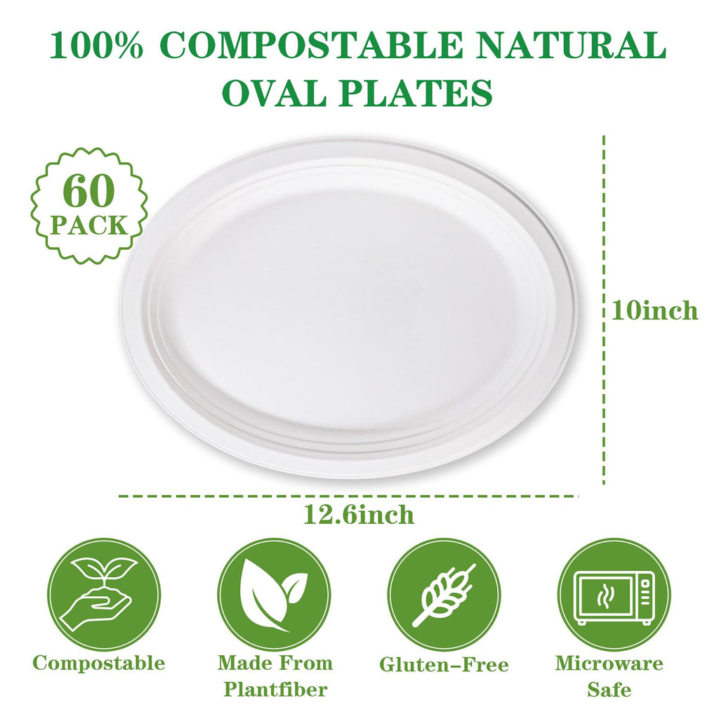 DaYammi 100% Compostable Oval Paper Plates 12 Inch, 60-Pack Heavy Duty Paper Plates Bulk,Biodegradable Bagasse,Eco-Friendly Disposable Dinner Plate for BBQ,Picnic,Party (BPI Certified,Microwaveable)