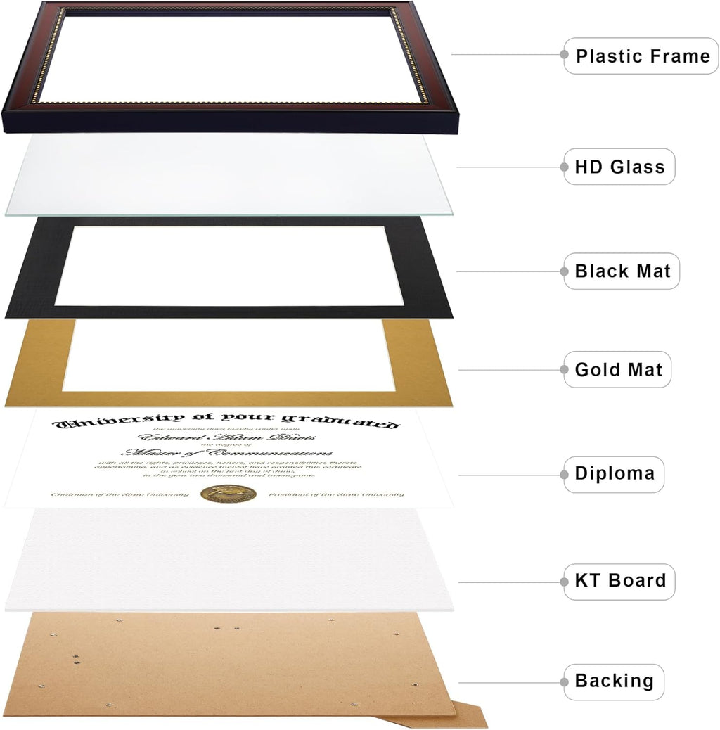 upsimples 11x14 Diploma Frame with High Definition Glass, Display 8.5x11 Certificate with Black over Gold Mat, Degree Document Frame for Wall and Tabletop, Mahogany with Gold Beads, 1 Pack
