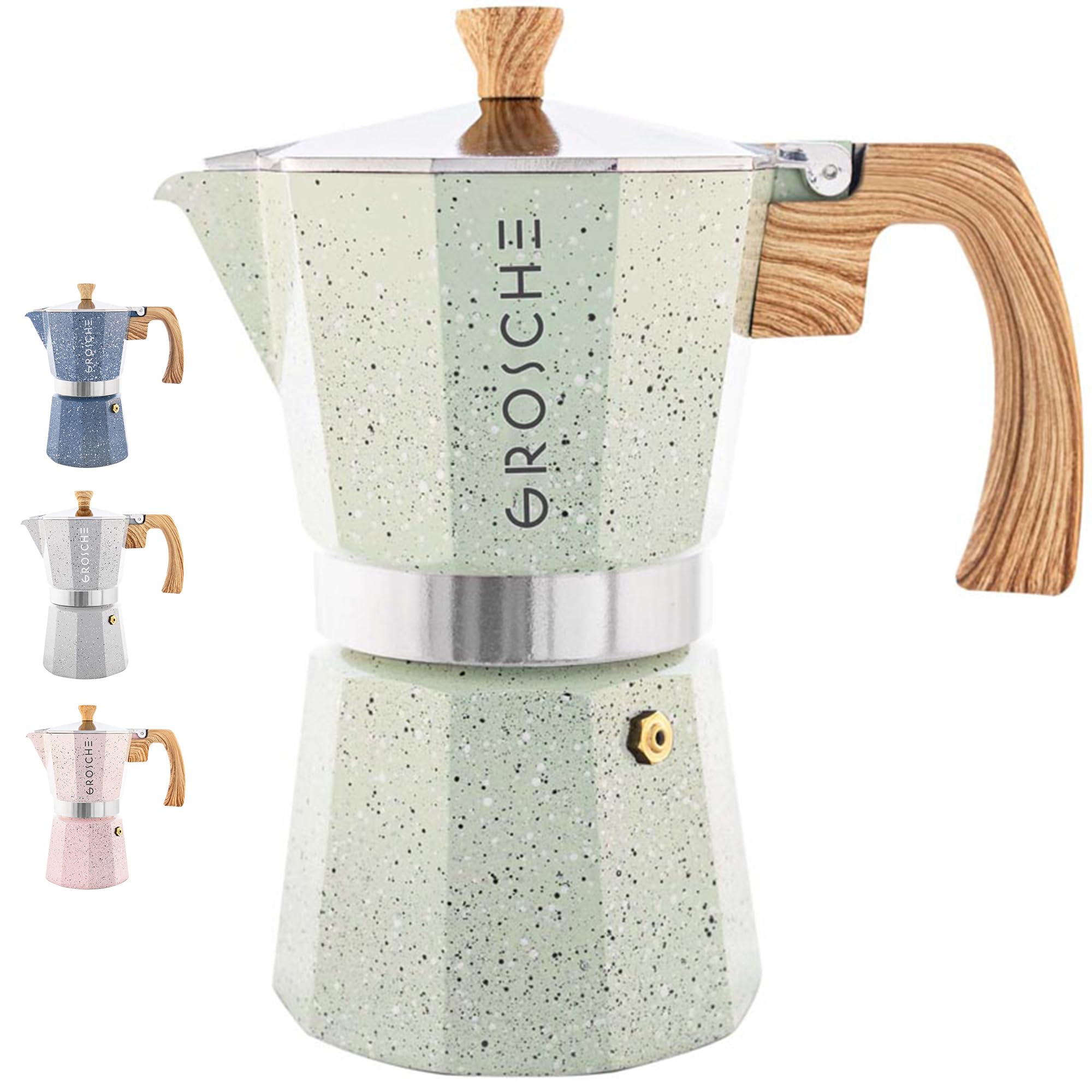 GROSCHE Milano Moka pot, Stovetop Espresso maker, Greca Coffee Maker, Stovetop coffee maker and espresso maker percolator (Grey, 6 cup)