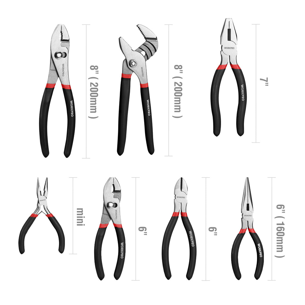 7-piece WORKPRO Pliers Set with Groove Joint, Long Nose, Slip Joint, Linesman, and Diagonal Pliers for DIY & Home Use