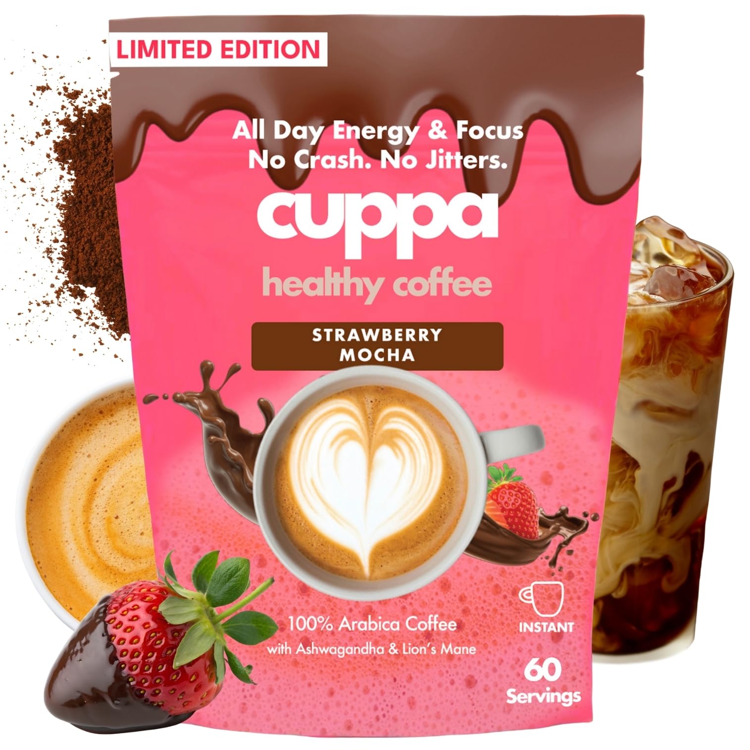 Cuppa Medium Roast Mushroom Coffee with Adaptogens & Superfoods - Lion’s Mane, Ashwagandha & Cordyceps. Adaptogens + MCT to support natural energy, mental focus & gut health (30 Servings)