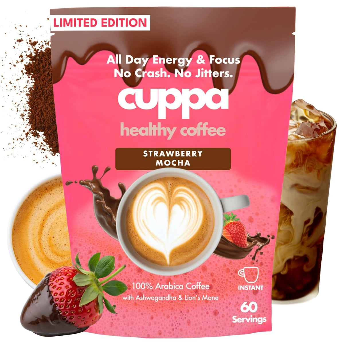 Cuppa Medium Roast Mushroom Coffee with Adaptogens & Superfoods - Lion’s Mane, Ashwagandha & Cordyceps. Adaptogens + MCT to support natural energy, mental focus & gut health (30 Servings)