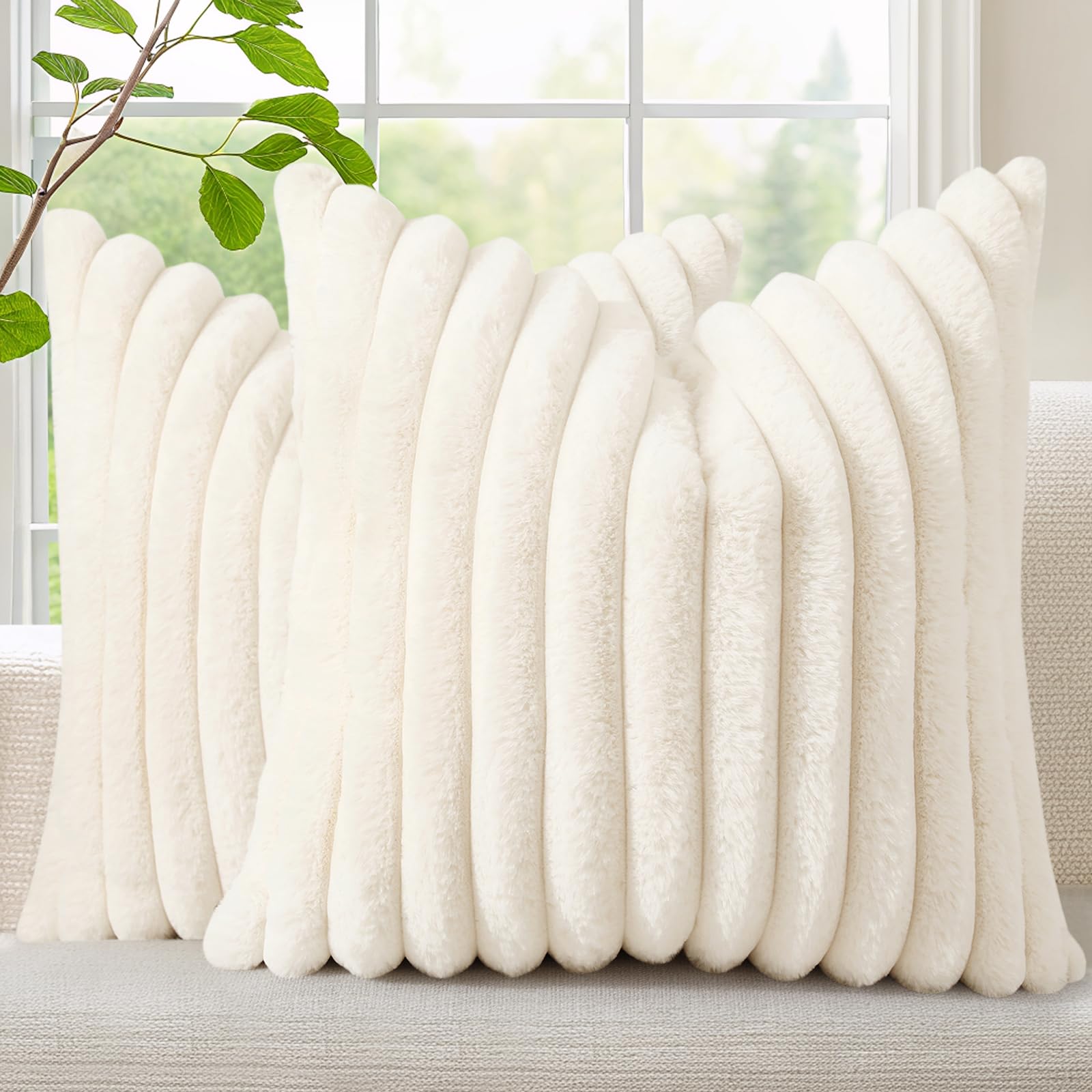 decorUhome Cozy Faux Fur Spring Throw Pillow Covers 18x18 Set of 2 Decorative Soft Plush Striped Modern Farmhouse Boho Couch Pillow Cases with Velvet Back for Sofa Bed Living Room, Cream White