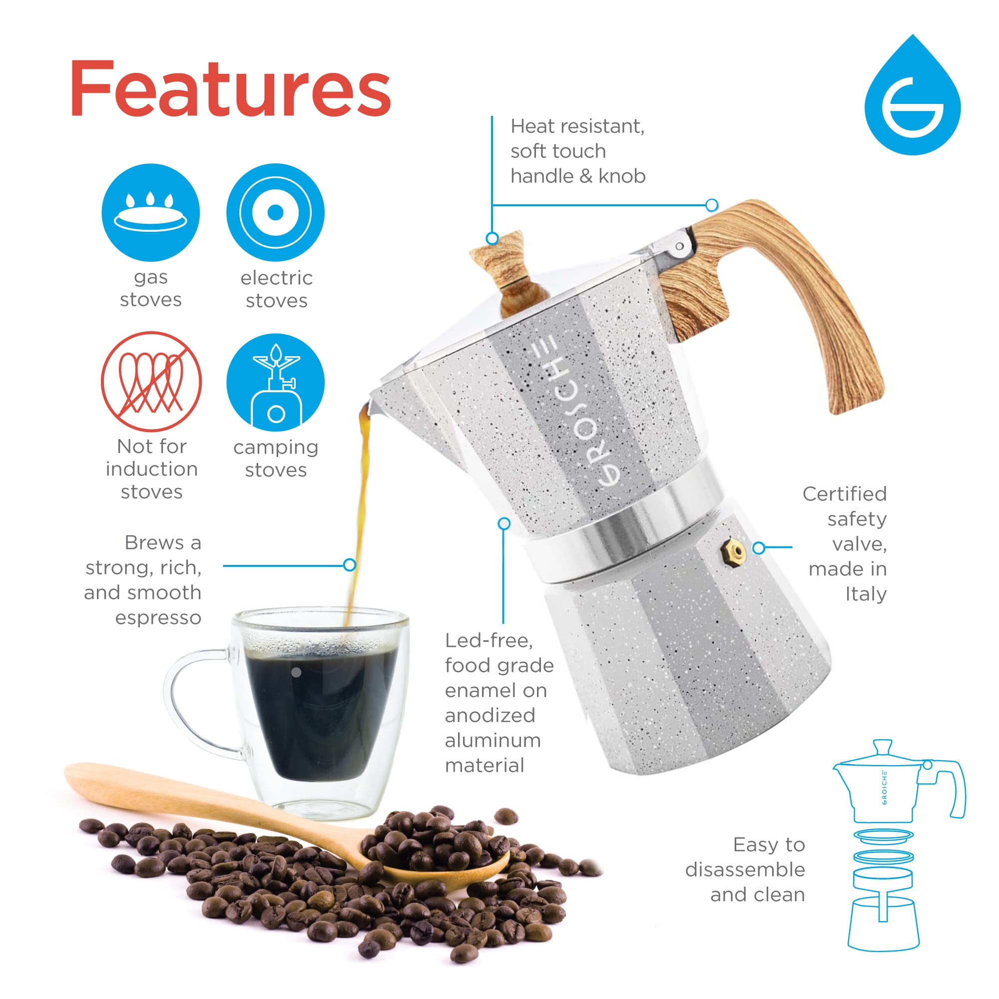 GROSCHE Milano Moka pot, Stovetop Espresso maker, Greca Coffee Maker, Stovetop coffee maker and espresso maker percolator (Grey, 6 cup)